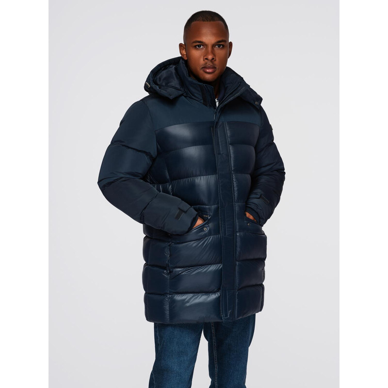 Ombre Mens quilted jacket with combined materials and hood - navy blue 65911380
