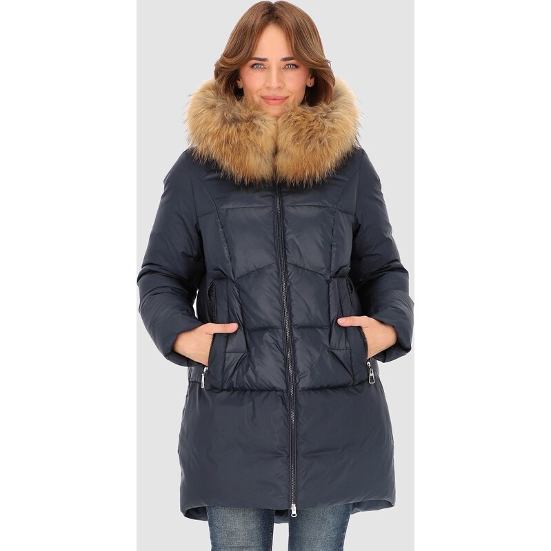 Perso Tmavomodrá dámska asymetrická páperová bunda s prešívaním BLH 65902205