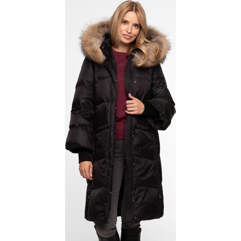 Perso Čierna dámska páperová bunda s prírodnou kožušinou BLH 252519 65902200