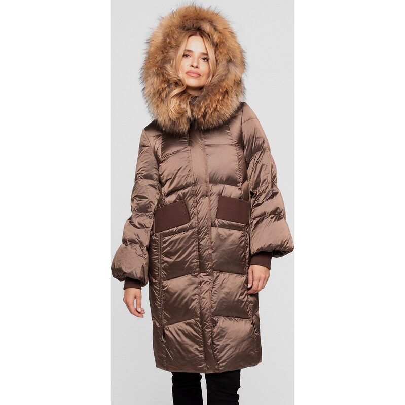 Perso Hnedá dámska páperová bunda s prírodnou kožušinou BLH 252519 FXR 65902201