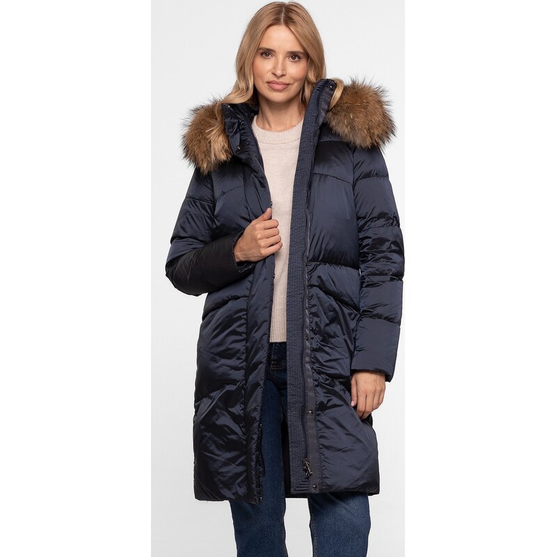 Perso Tmavomodrá dámska páperová bunda s prírodnou kožušinou BLH 65902206