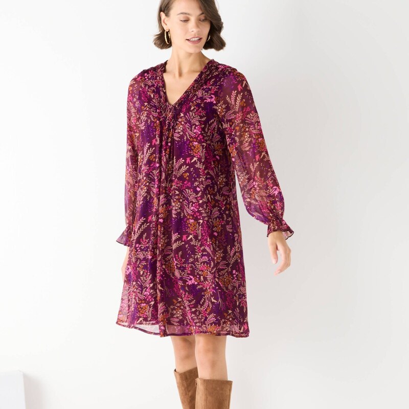 Rozšírené krátke šaty so zámikmi a farebnou potlačou lístkov slivková 65911138