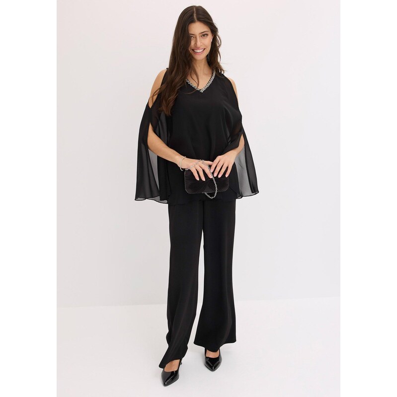 bonprix Overal s prehozom a štrasovým zdobením, farba čierna 65915978