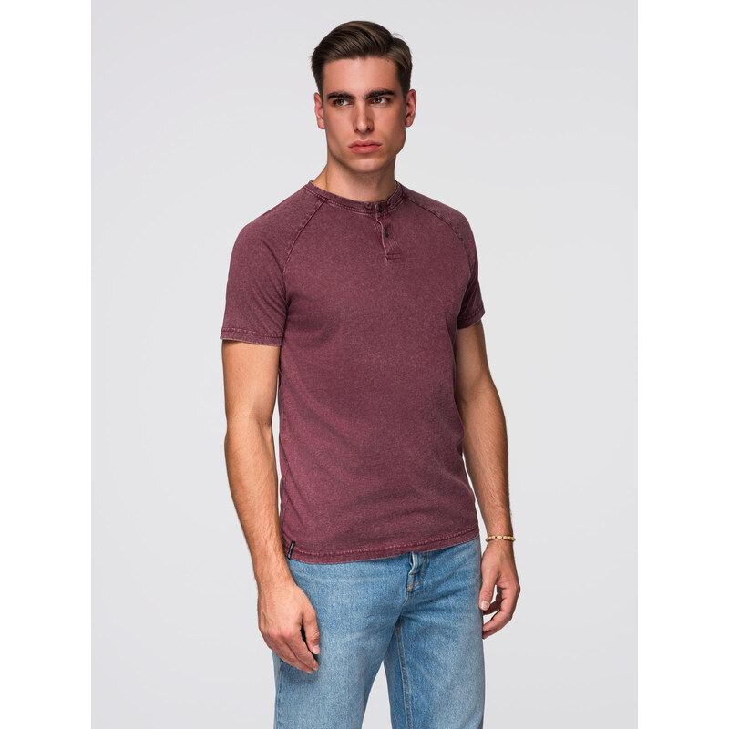 Ombre Mens T-shirt with wash effect and buttons at neckline - burgundy 65629109