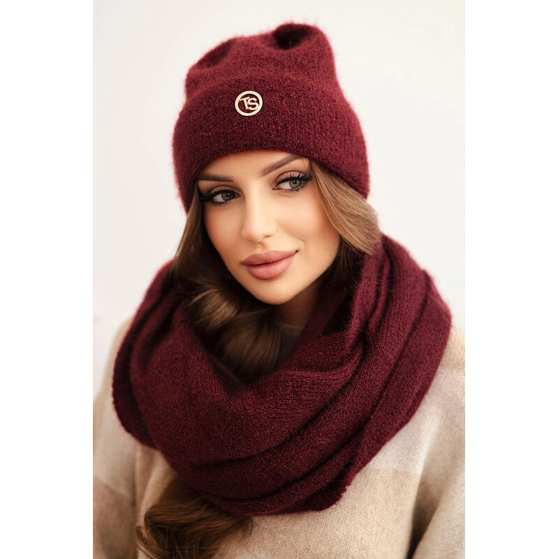 K-Fashion Dámska mäkká pletená súprava s čiapkou a nákrčníkom bordová 65955537
