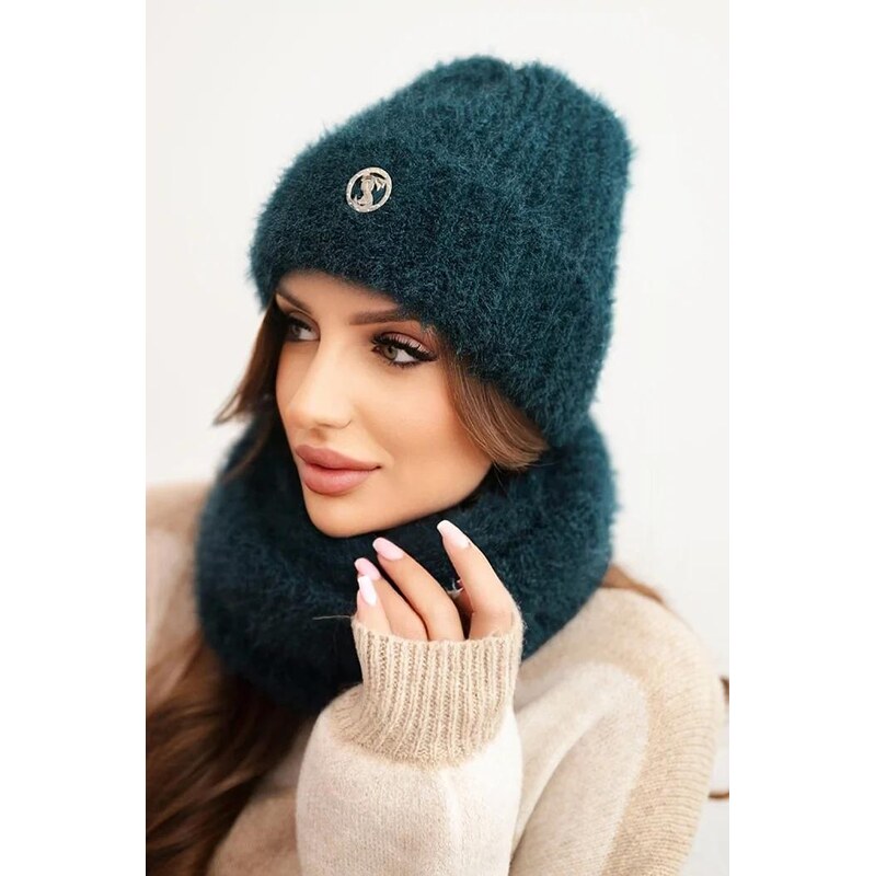 MladaModa Komplet - dámska čiapka + komín CZ09 tmavý tyrkysový 65998318