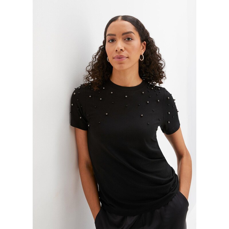 bonprix Tričko s korálkovou aplikáciou, farba čierna 47951211