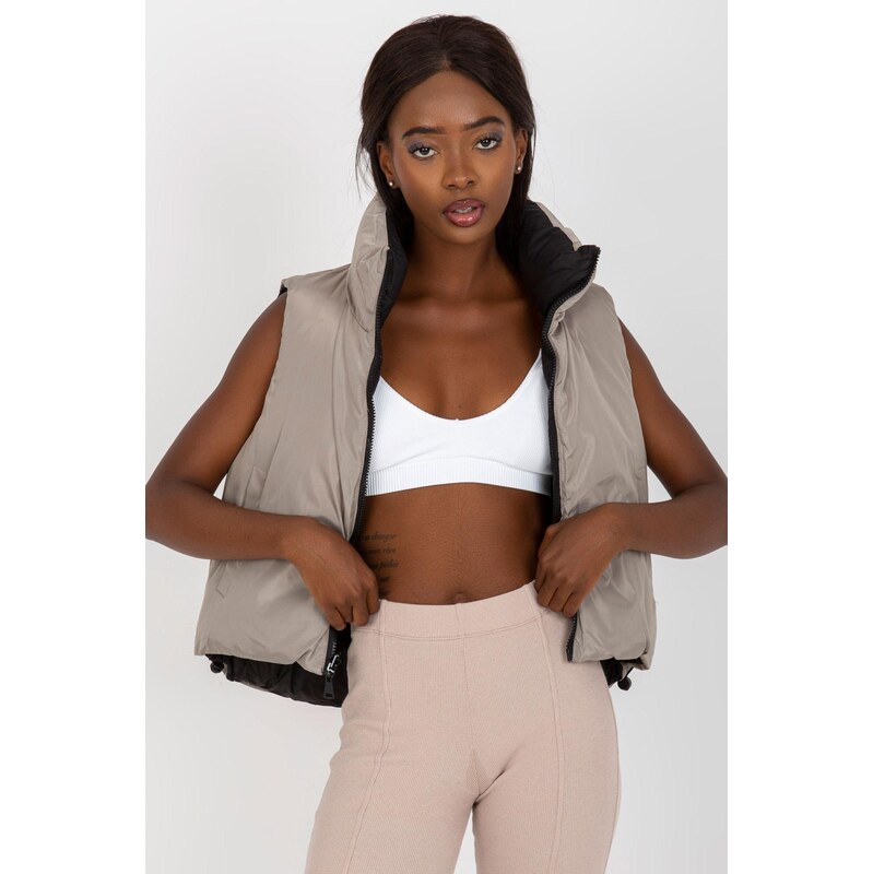 MladaModa Obojstranná páperová vesta na zips model 16243 béžová/čierna 66012403