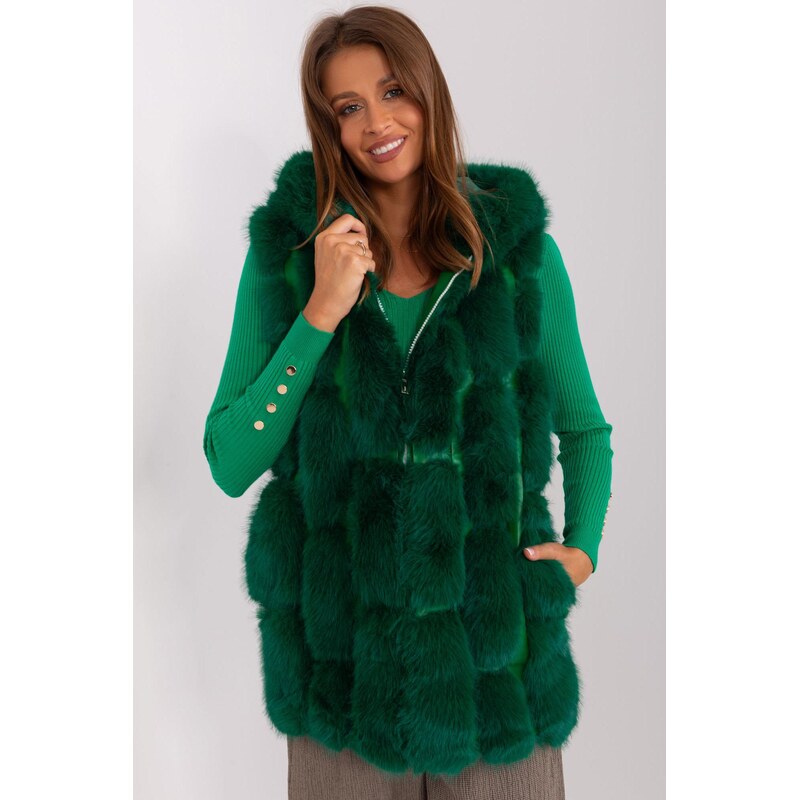 MladaModa Kožušinková vesta s kapucňou, vreckami a zipsom model 37996 66012469