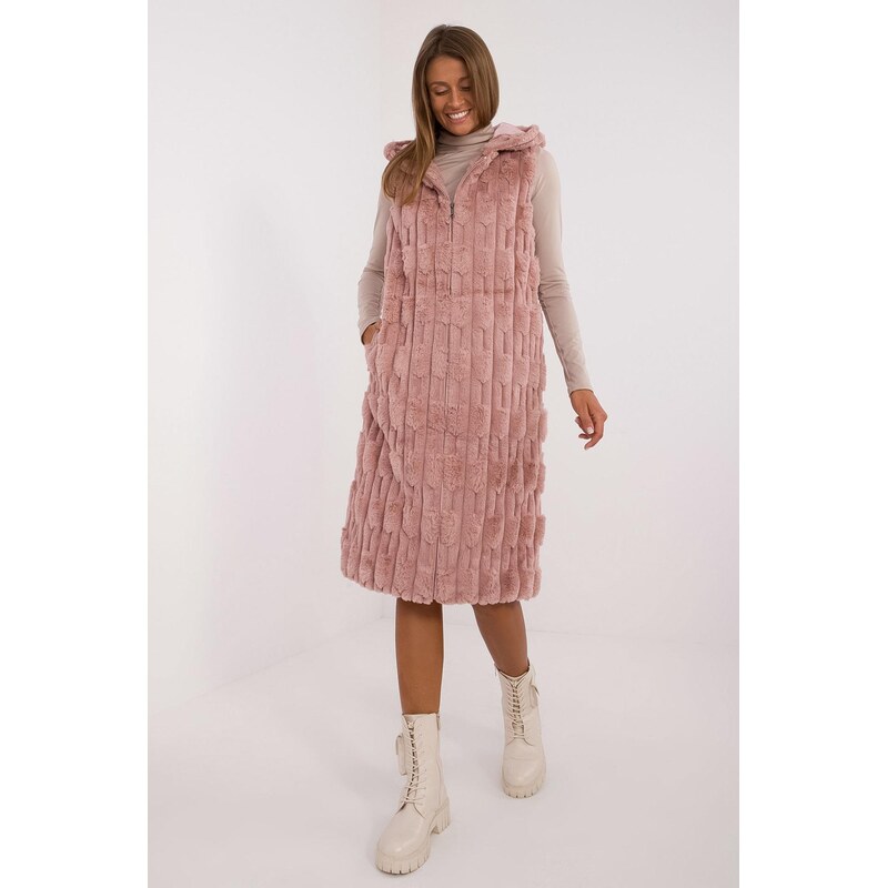 MladaModa Dlhá kožušinková vesta s kapucňou, vreckami a zipsom model 66012513