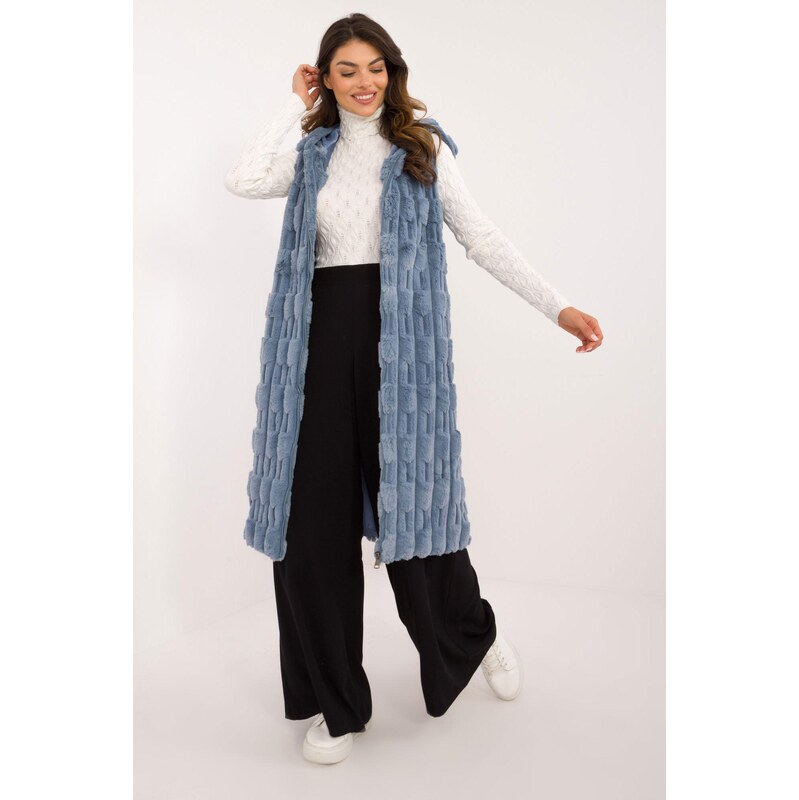 MladaModa Dlhá kožušinková vesta s kapucňou, vreckami a zipsom model 66012515