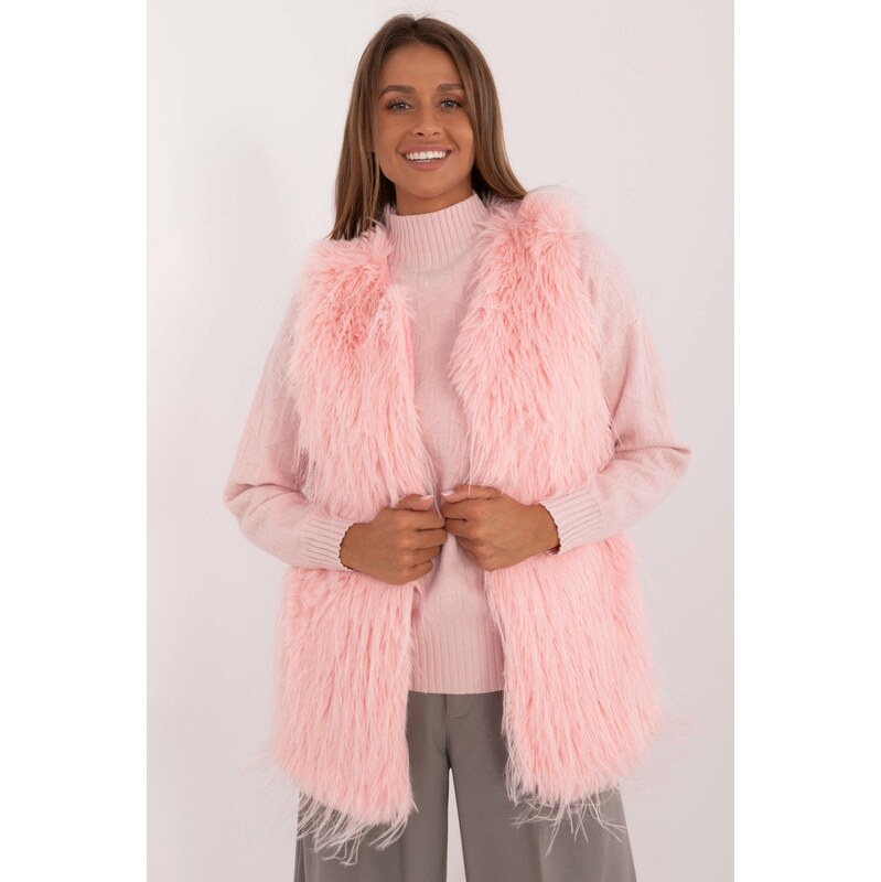 MladaModa Kožušinková vesta s dlhým vlasom model 49117 pudrovo ružová 66012533