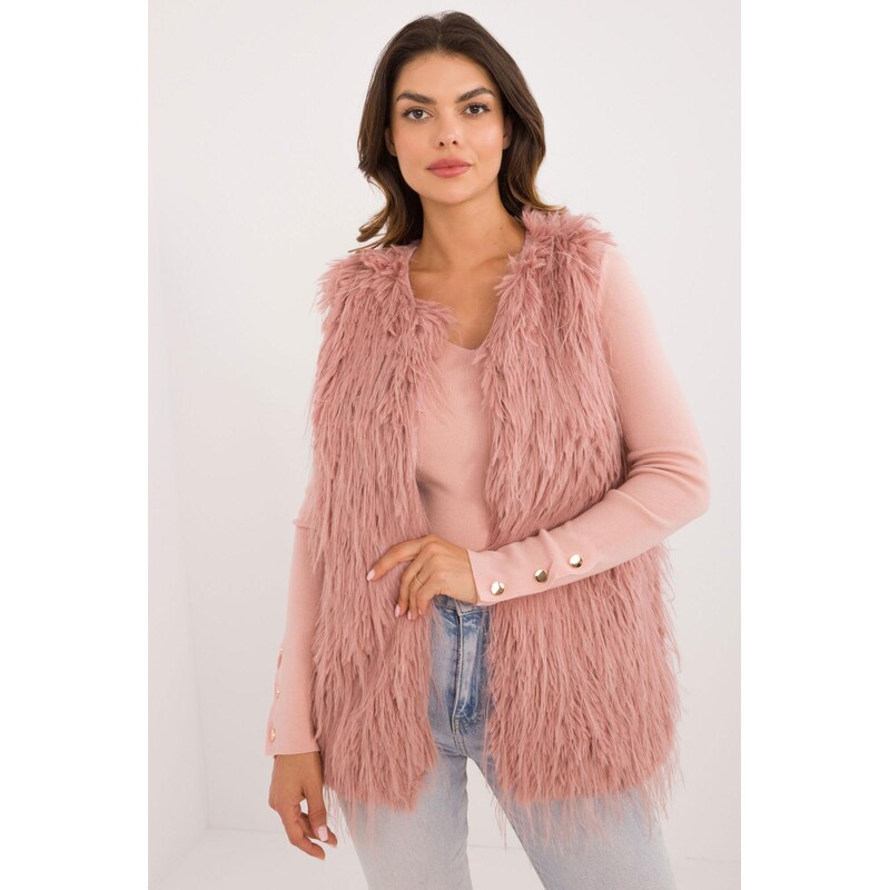 MladaModa Kožušinková vesta s dlhým vlasom model 49117 staroružová 66012529