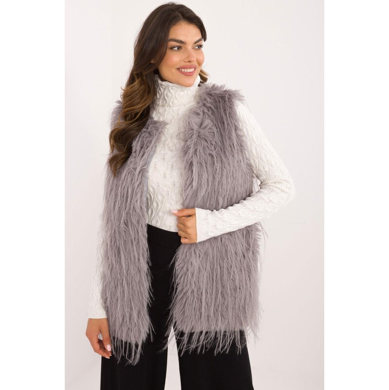 MladaModa Kožušinková vesta s dlhým vlasom model 49117 šedá 66012531