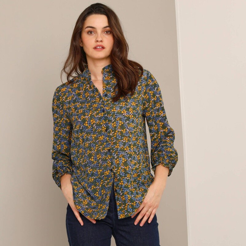 Blúzka s volánikmi a potlačou kvetín khaki/modrá 054 Blancheporte 66018292