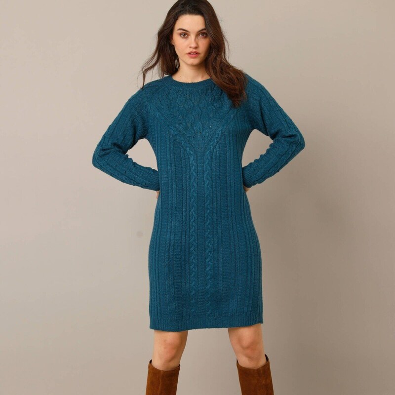 Pulóvrové šaty s vrkočovým vzorom a ažúrou pávia modrá 054 66018331