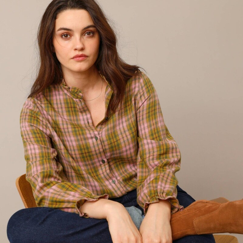 Blúzka s volánikmi z kockovaného flanelu khaki/ružová 052 Blancheporte 66018335