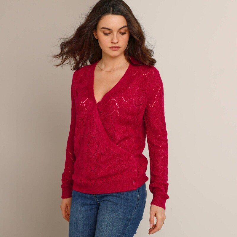 Ažúrový pulóver so zavinovacím výstrihom na gombíky malinová 054 66018283