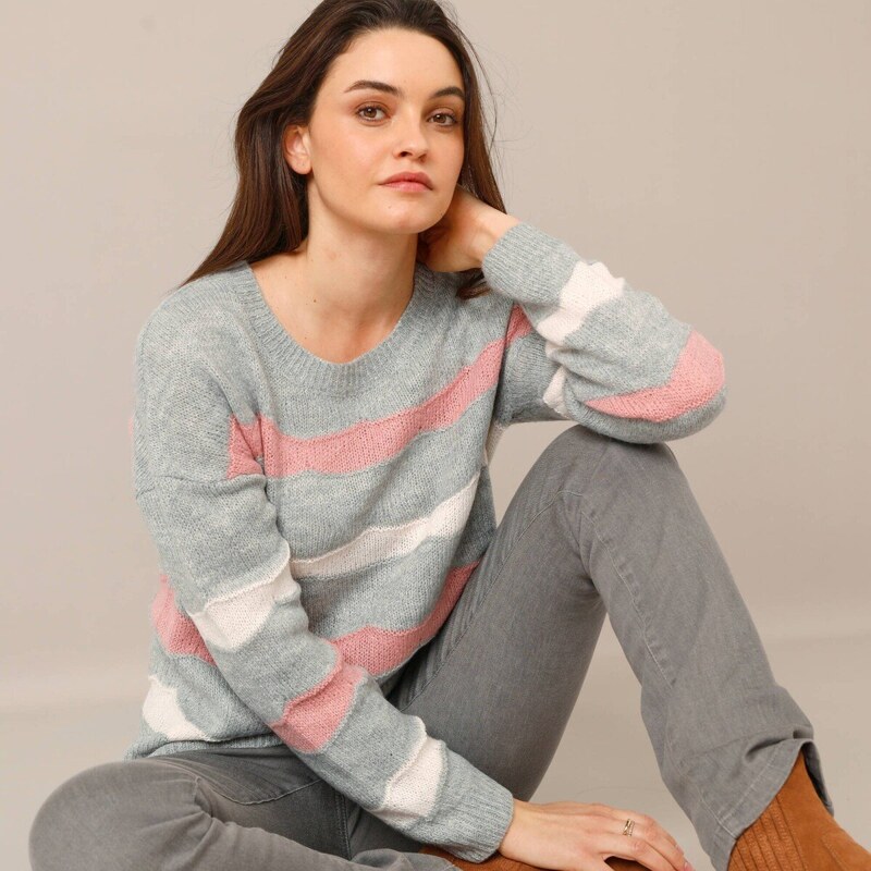 Voľný pulóver s pruhmi sivý melír/ružová 054 Blancheporte 66018291