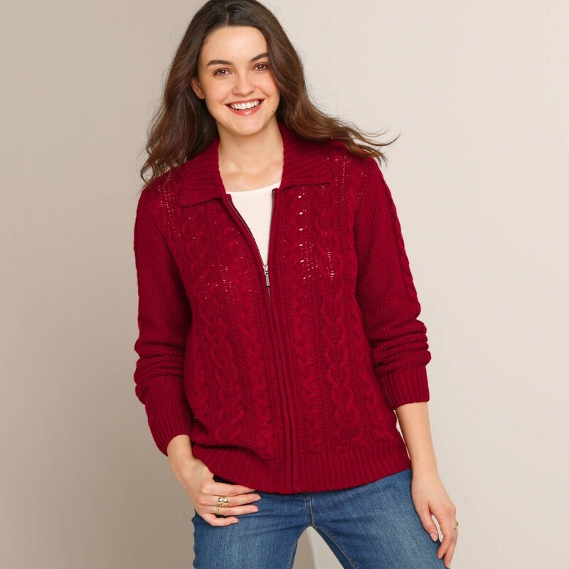 Sveter s vrkočovým vzorom a zipsom tmavočervená 054 Blancheporte 66018302