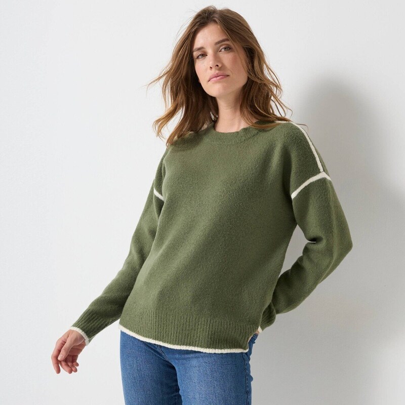 Voľný pulóver s kontrastným zakončením khaki 052 Blancheporte 66018306