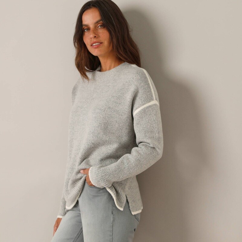 Voľný pulóver s kontrastným zakončením sivý melír 040 Blancheporte 66018304
