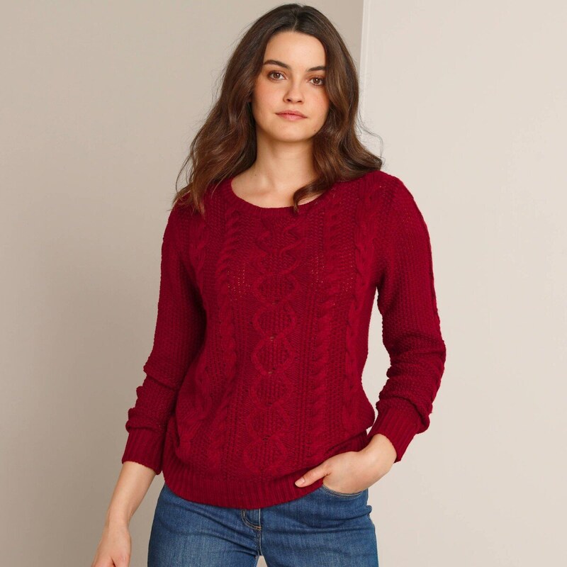Pulóver s okrúhlym výstrihom a vrkočovým vzorom tmavočervená 054 66018315