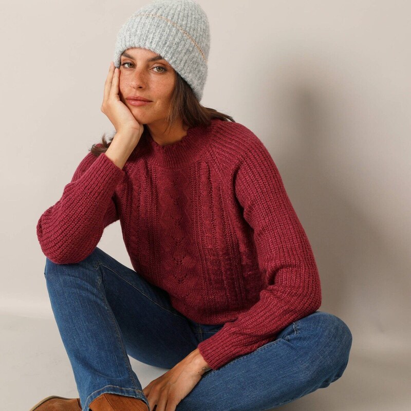 Pulóver s pleteným vzorom a stojačikom slivková 054 Blancheporte 66018318