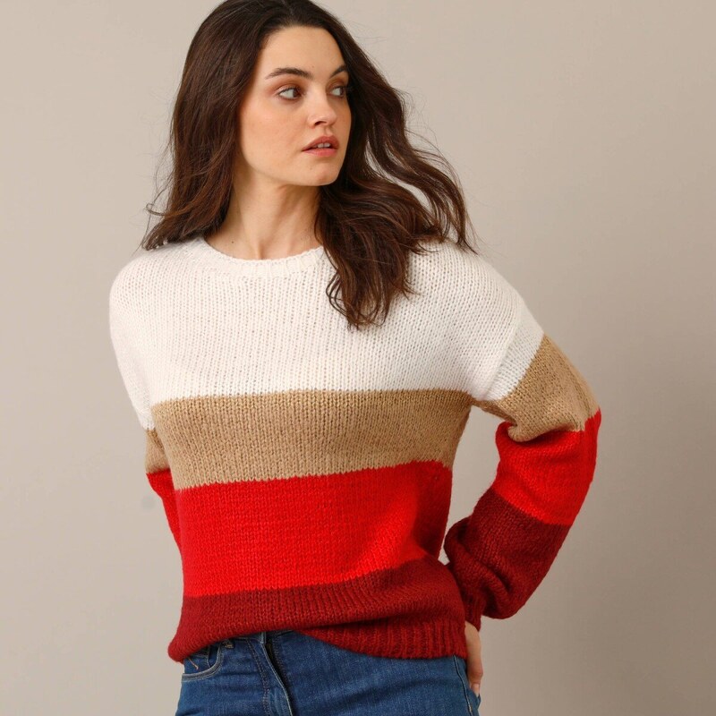 Pruhovaný pulóver s okrúhlym výstrihom ražná/červená 054 Blancheporte 66018322