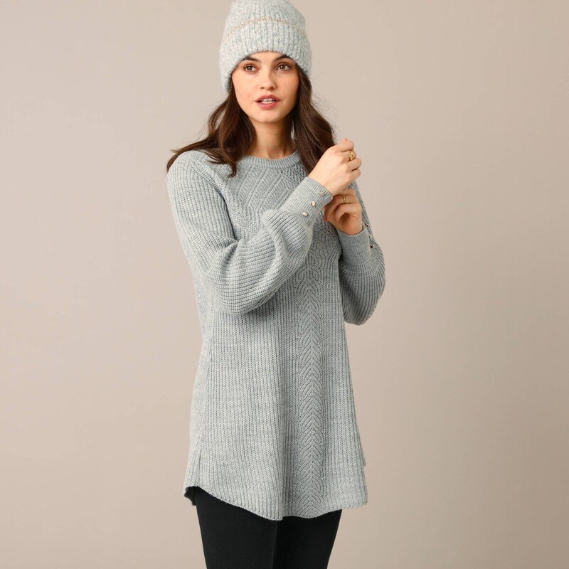 Dlhý pulóver so vzorom a gombíkmi na manžetách sivý melír 056 66018348