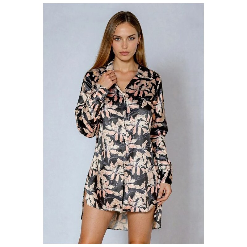 Kalimo Saténová košieľka Tulum čierna s kvetmi 43821018