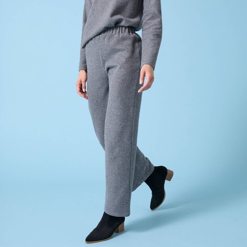 Široké úpletové jednofarebné nohavice s česaným rubom, pre nižšiu 66026051