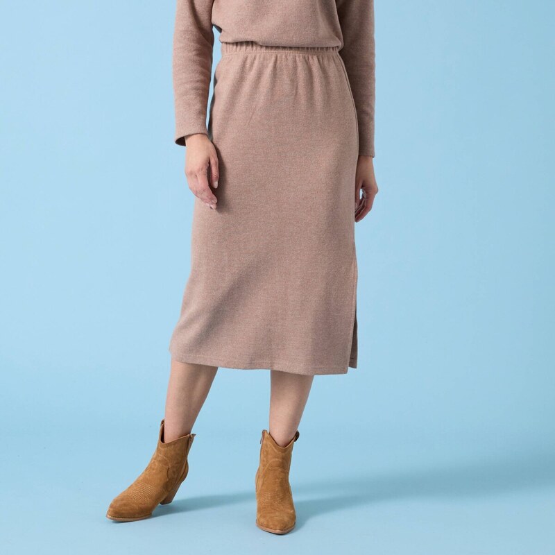 Úpeltová midi sukňa česaným rubom, pre nižšiu postavu orieškový melír 66026050