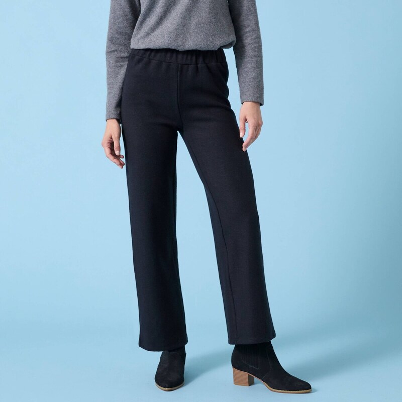 Široké úpletové jednofarebné nohavice s česaným rubom, pre nižšiu 66026053