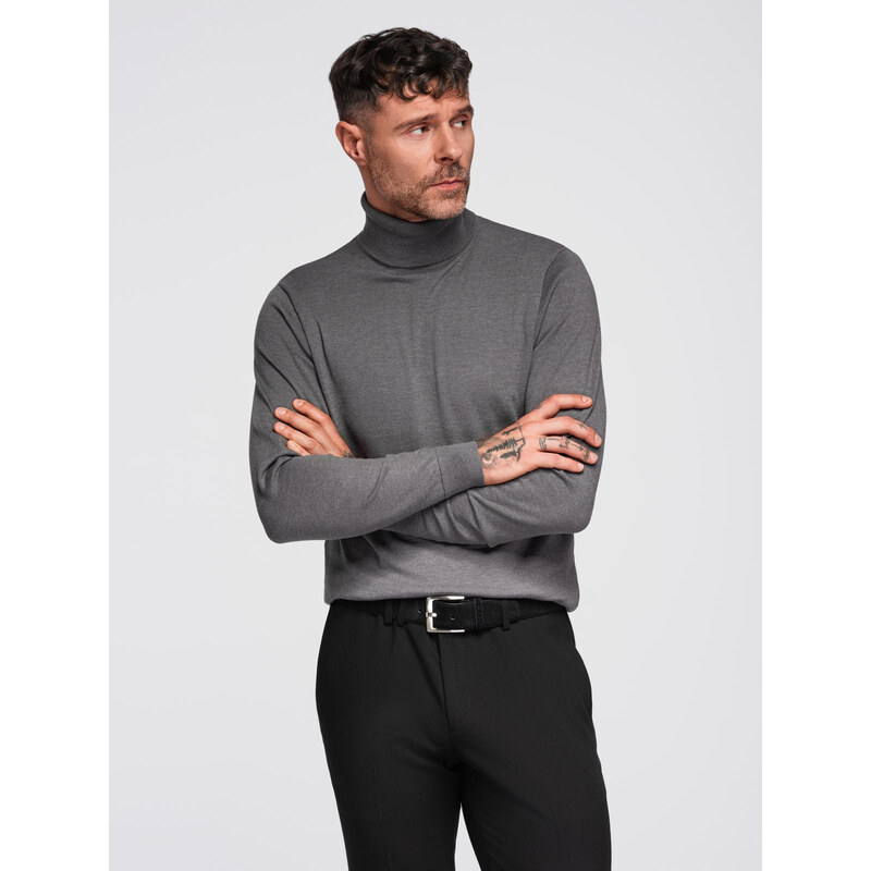 Ombre One color mens knitted turtleneck with viscose - grey melange 64785756