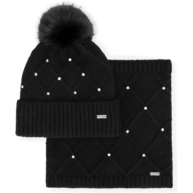 Wittchen Dámsky čierny zimný set – čiapka s brmbolcom a nákrčník s 66078453