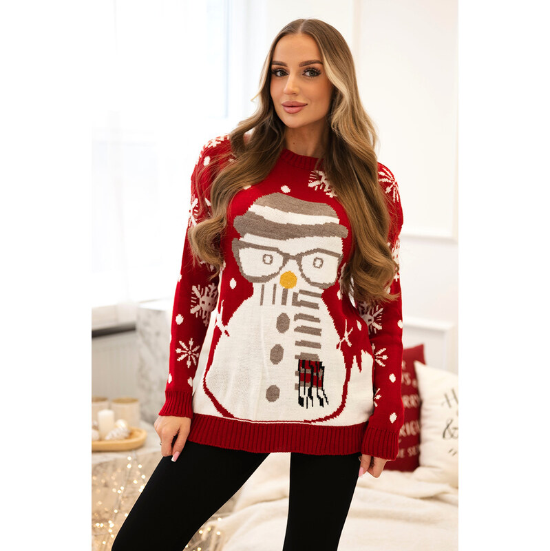 Kesi Červený dámsky vianočný sveter s motívom snehuliaka 66043635