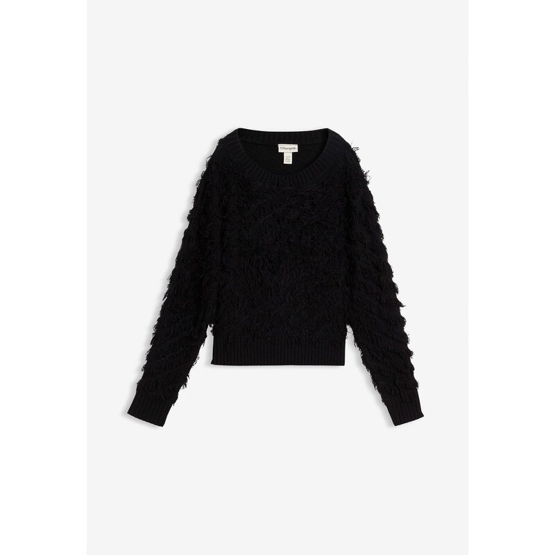 bonprix Hrubo pletený pulóver so strapcami, farba čierna 66048141