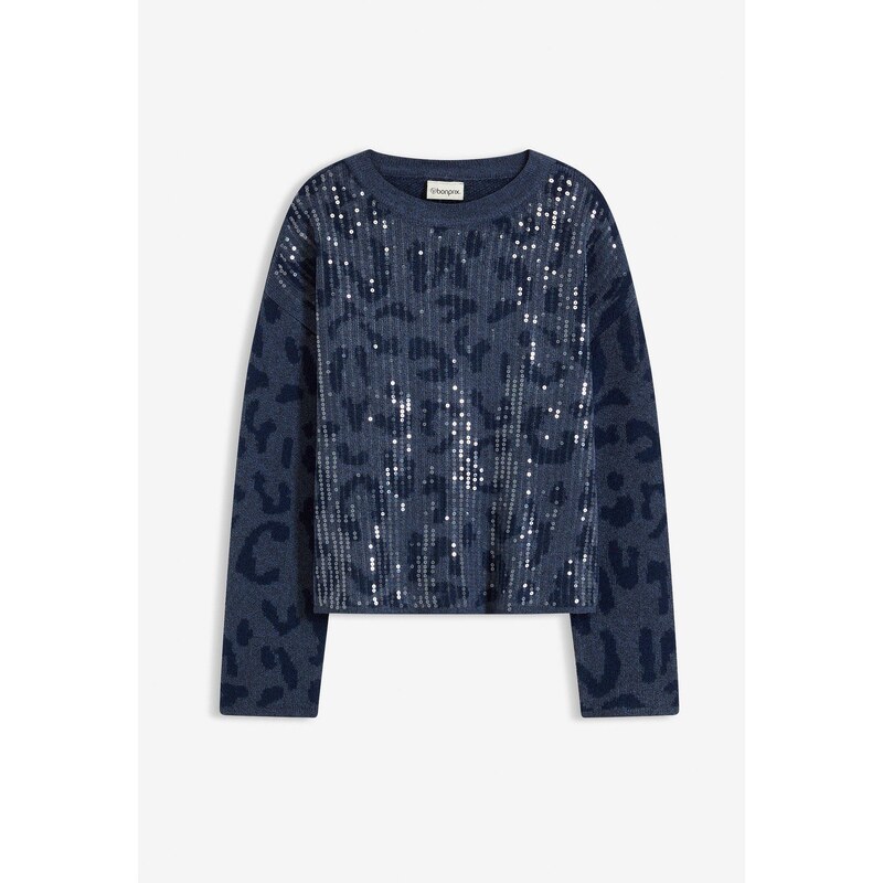 bonprix Žakárový pulóver oversize, s flitrami, farba modrá 66048186