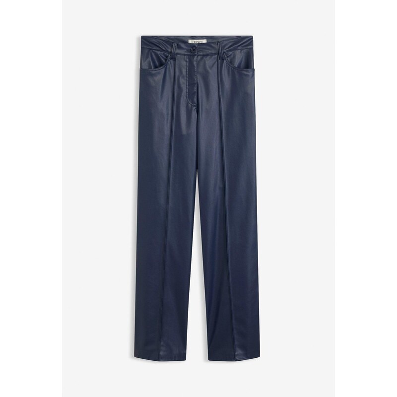 bonprix Koženkové nohavice Wide Leg, so záhybmi, farba modrá 66048206