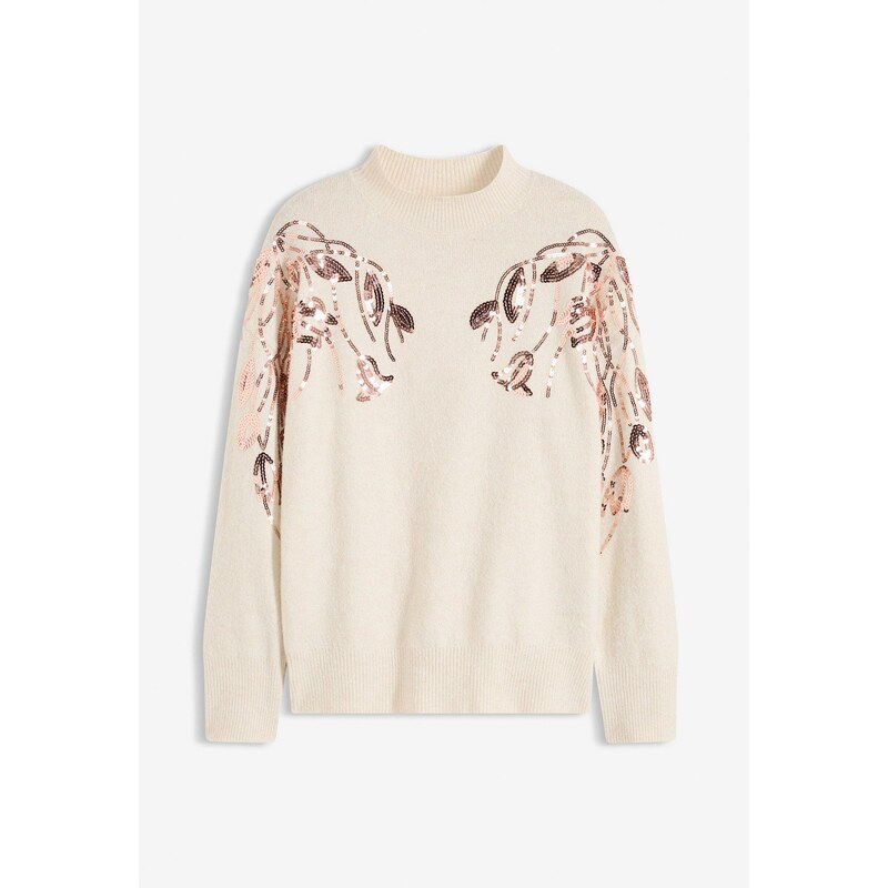 bonprix Oversize-pulóver s flitrami, farba béžová 66048348