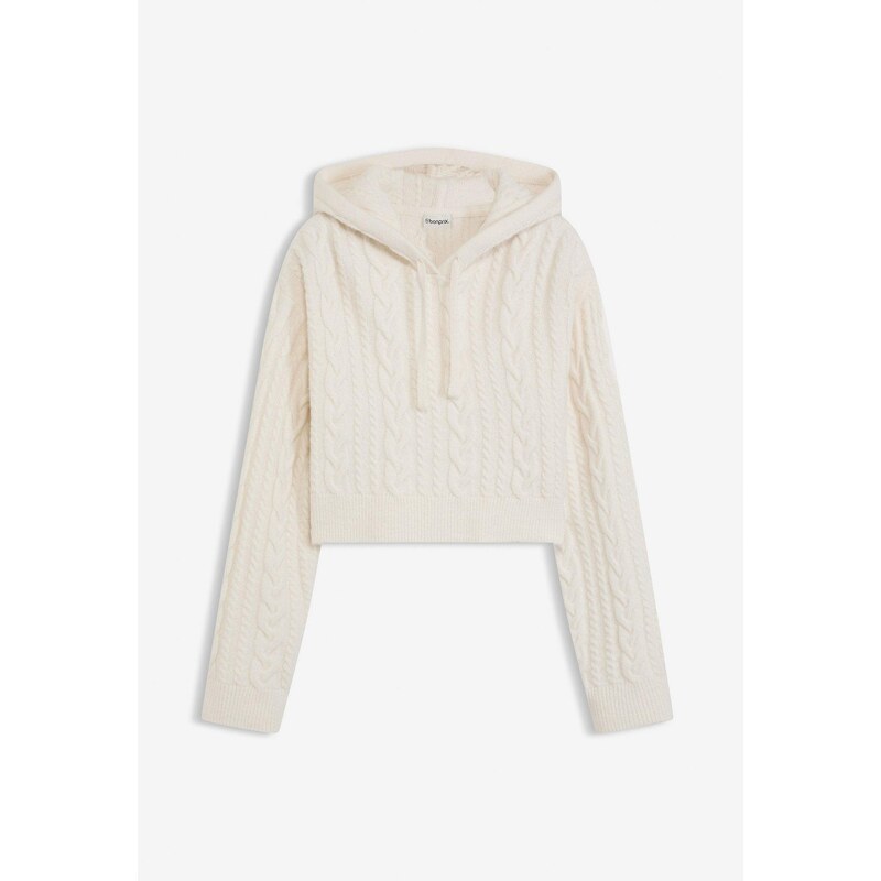 bonprix Hrubo pletený pulóver s kapucňou, farba biela 66048371