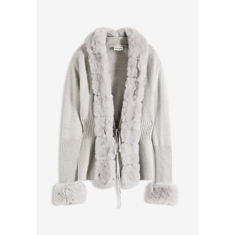 bonprix Pletený sveter s odnímateľnou umelou kožušinkou, farba šedá 66048410