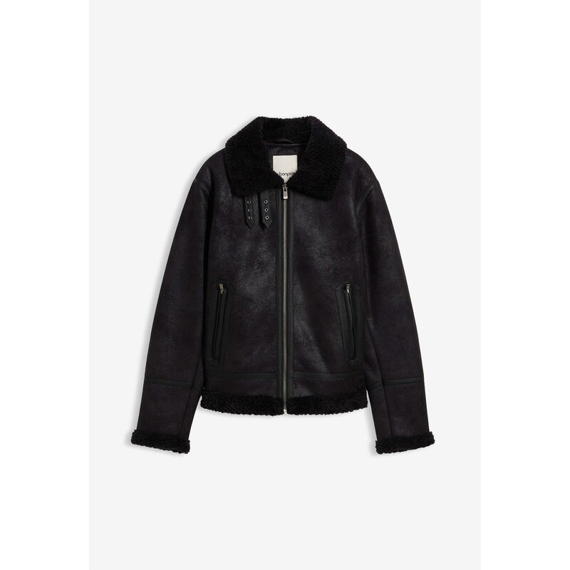 bonprix Krátka koženková bunda s kožušinkou, farba čierna 66048499
