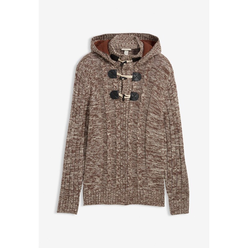 bonprix Hrubo pletený pulóver s kapucňou a bavlnou, farba hnedá 66048502