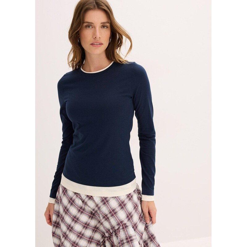 bonprix Tričko s dlhým rukávom z bavlneného mixu, farba modrá 66048191