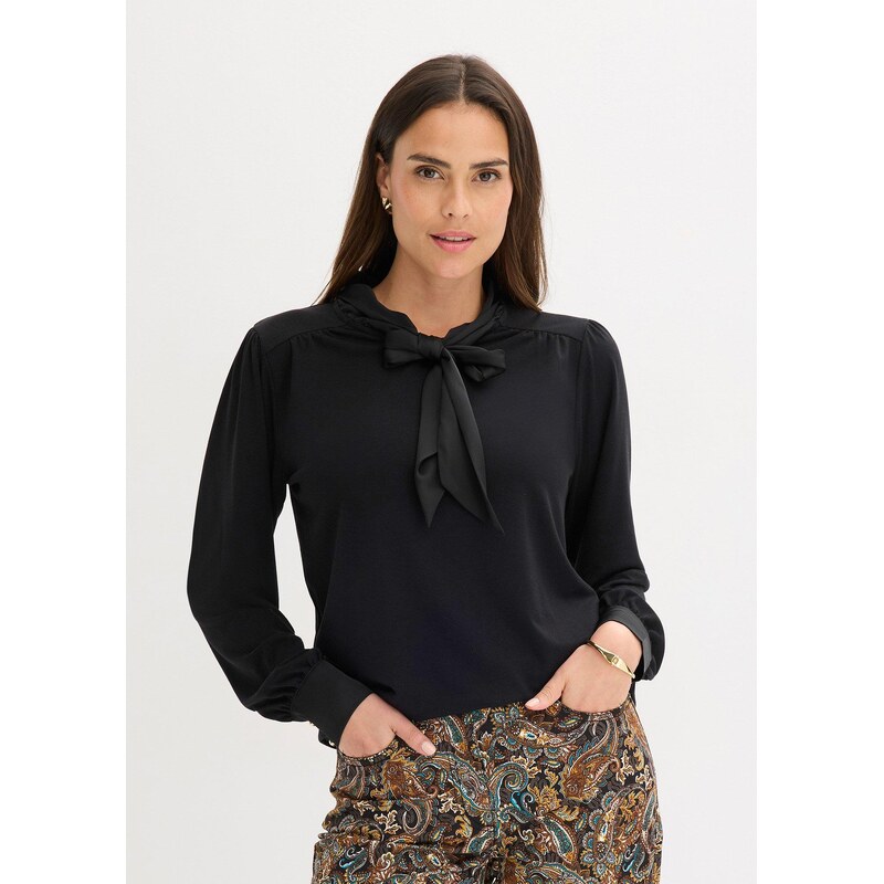 bonprix Tričko s viskózou a saténovou viazačkou, farba čierna 66048257