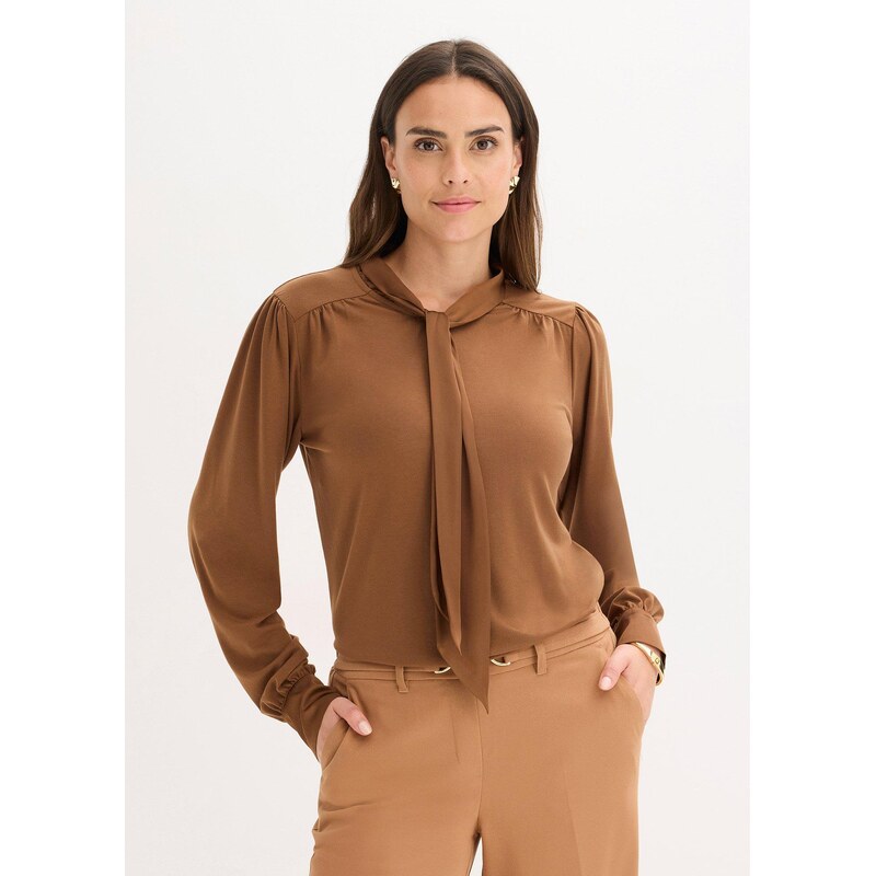 bonprix Tričko s viskózou a saténovou viazačkou, farba hnedá 66048258