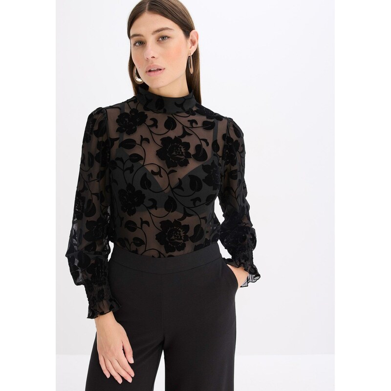 bonprix Tričko s dlhým rukávom, mierne transparentné, farba čierna 66048389