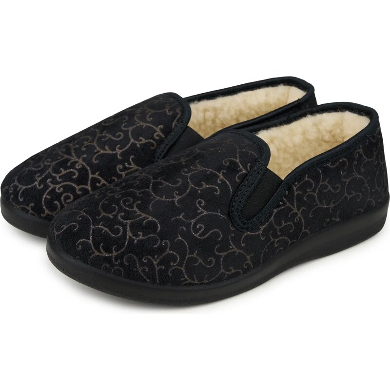 Vlnka Dámske protišmykové papuče s ovčou vlnou Merino so vzorom čierna 66405282